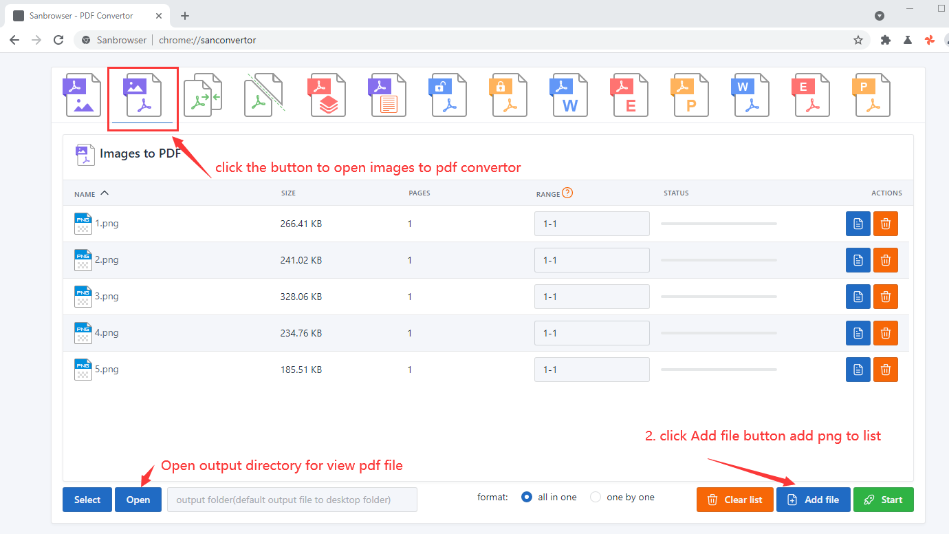 sanbrowser png to pdf onvertor start