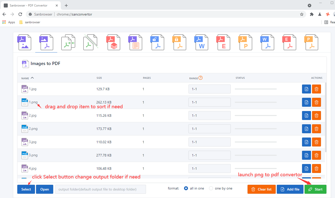 The Sanbrowser multiple png jpeg to a pdf document convertor launch