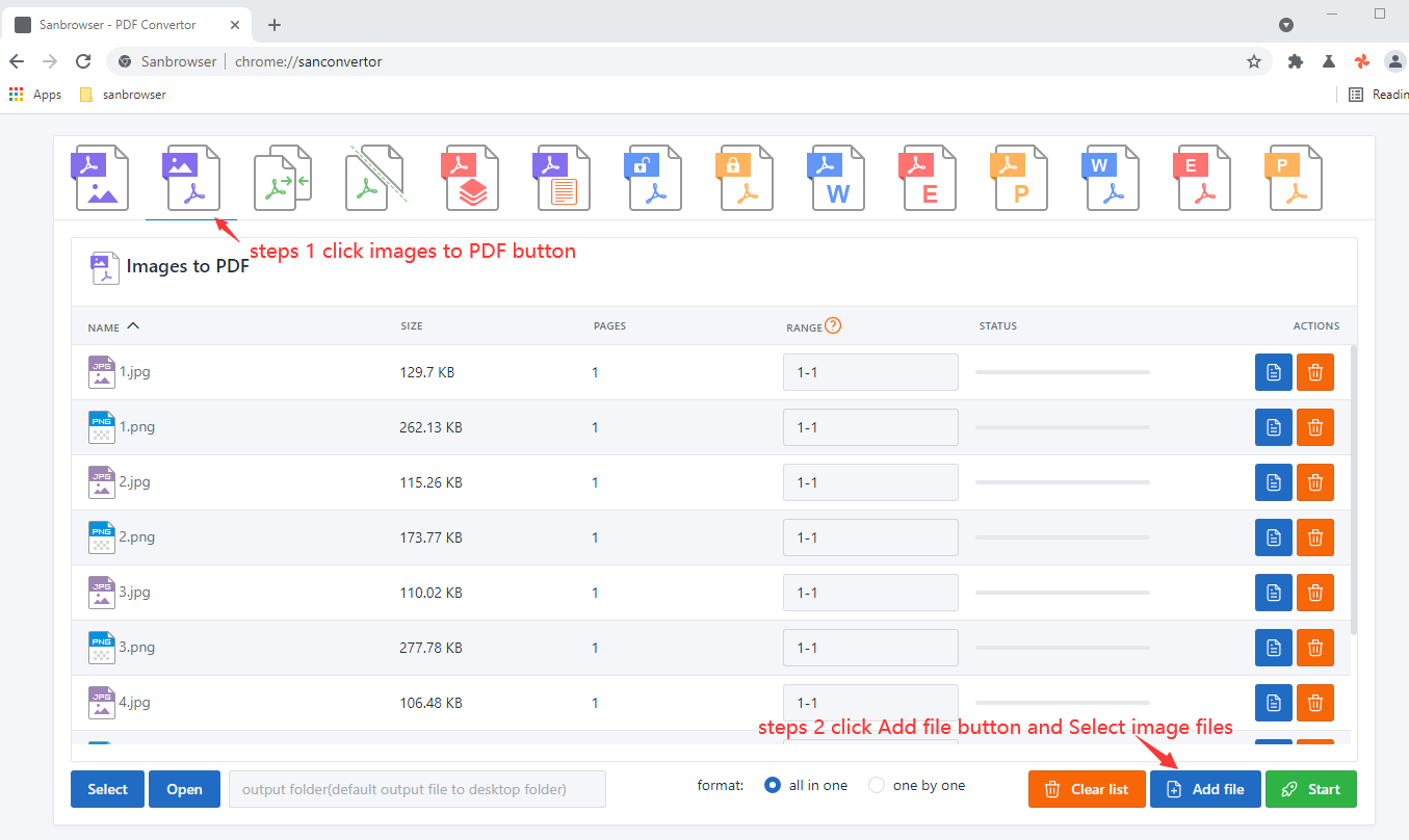 The Sanbrowser multiple png jpeg to a pdf document convertor