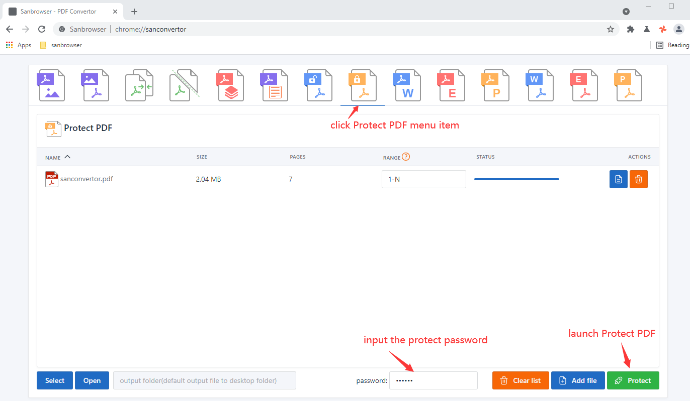 The Sanbrowser protect pdf file tool